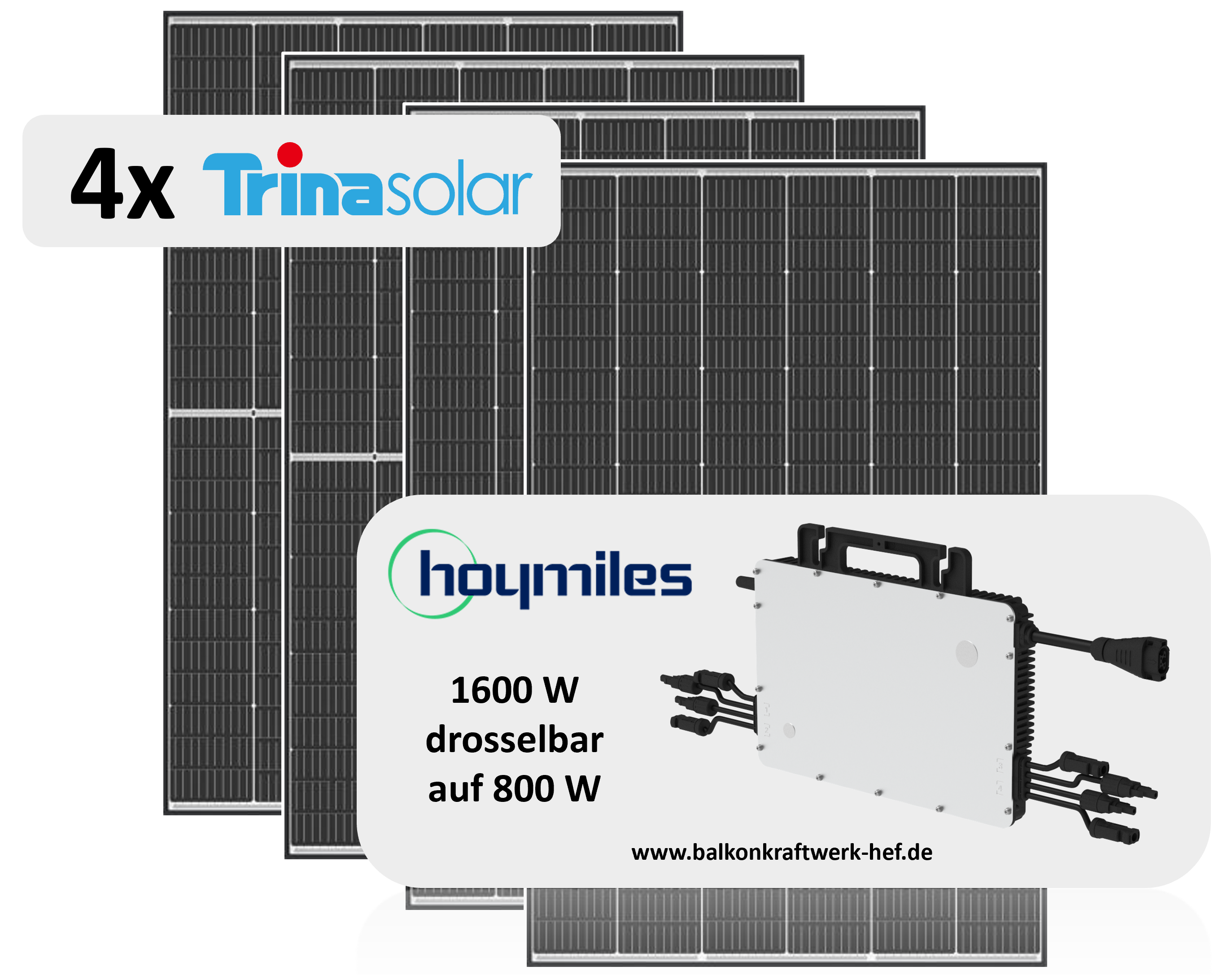 Balkonkraftwerk 4x435Wp / 1600W drosselbar auf 800W, 144 N-Type Zellen, Bifazial, Doppelglas, Mini-PV-Anlage